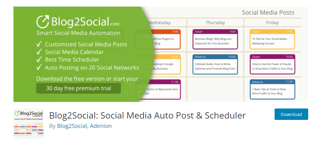 Blog2Social is one of the best social media plugins for WordPress